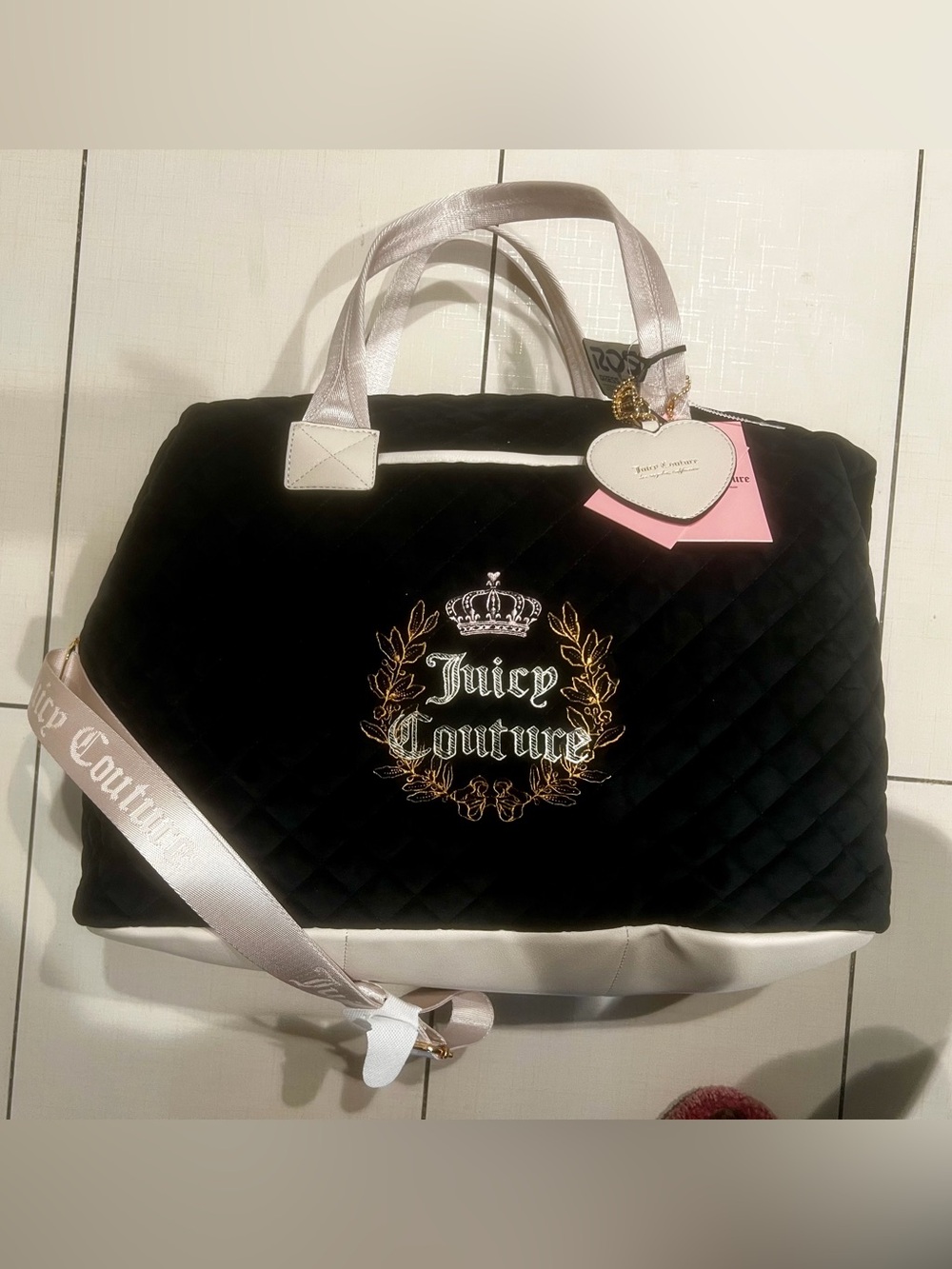 Juicy Couture Black Quilted Travel Tote with Pink Accents
